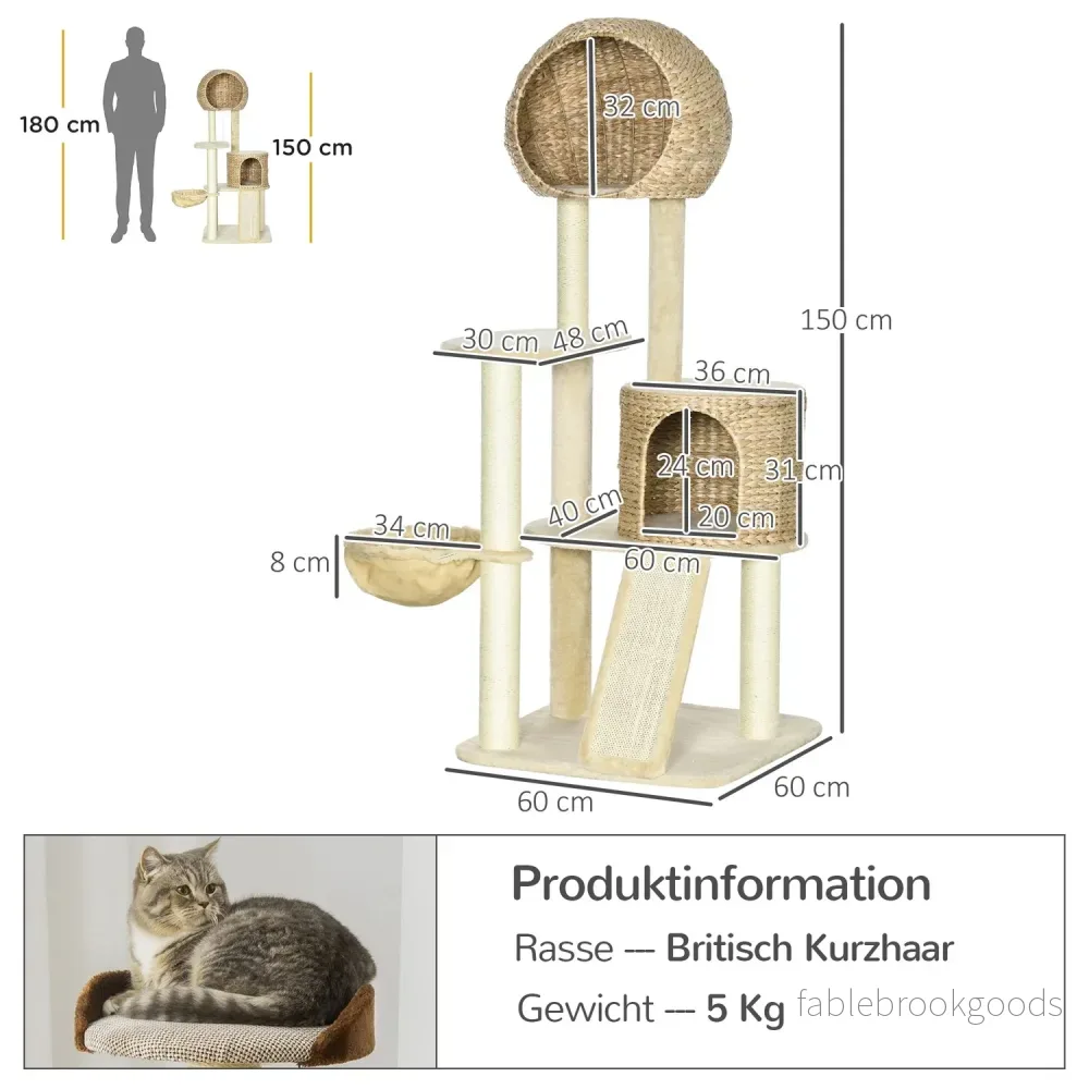 Kattskrapstolpe med rottinghus och hängmatta, beige - Bild 3