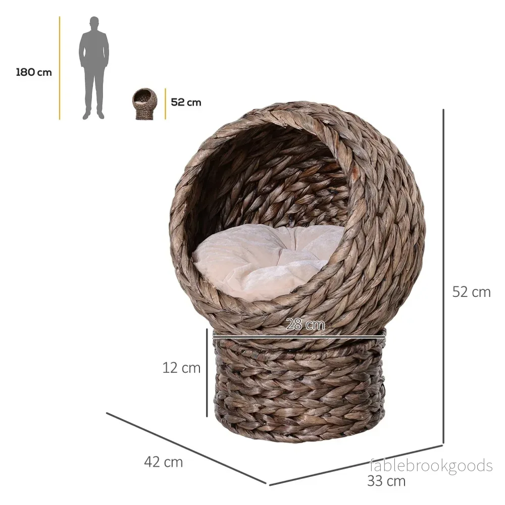 Rattan Cat Cave Bed, mörkbrun, vattenhyacint, med kudde - Bild 3