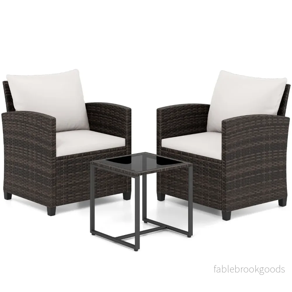 Rattan – Balkongset inkl. stolar med kuddar och glasbordUtomhus sittgrupp Balkongmöbler – 2 – Beige