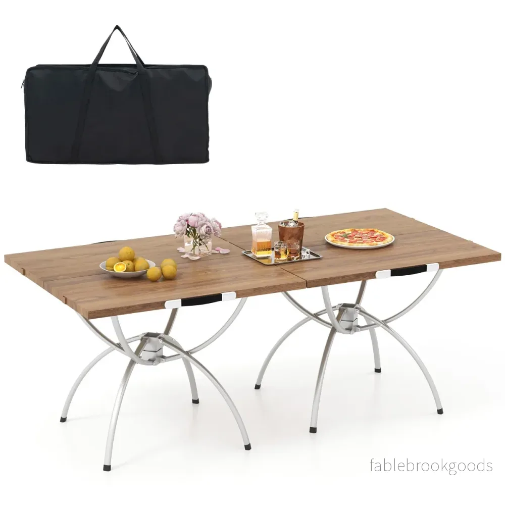 Set – med hopfällbara campingbord bordsskiva i trä och strandbord aluminiumstomme – 2 – Natur