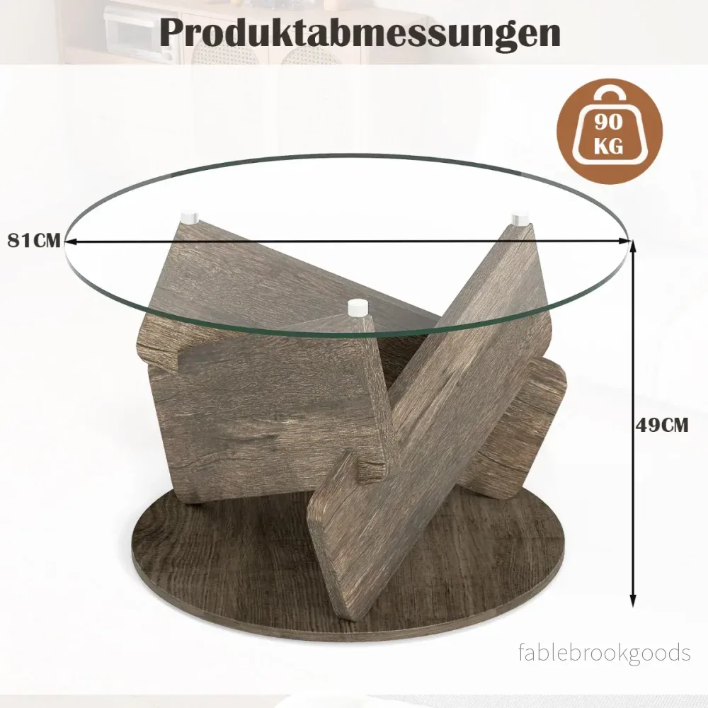 Rund – glasbord med härdat och massivträram Modernt soffbord – Ø 81 cm – Grå - Bild 2