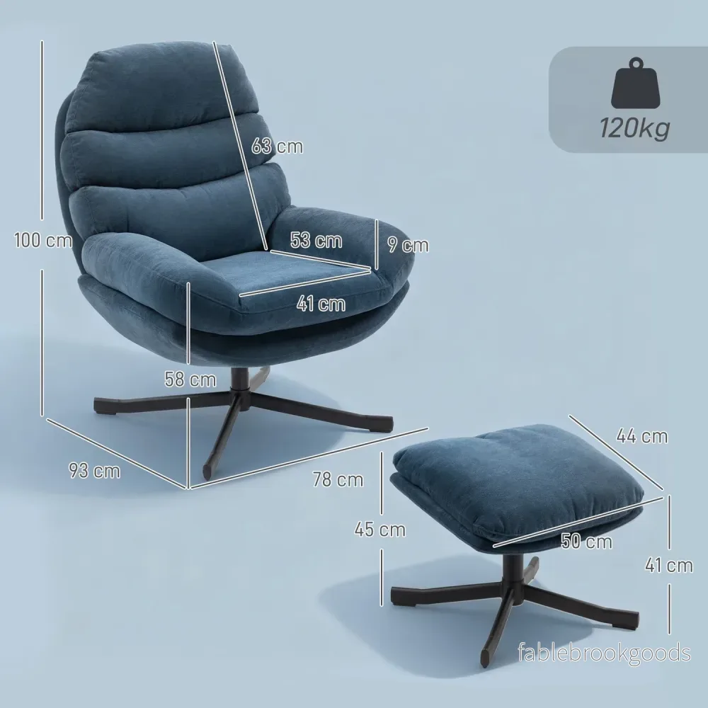 Relaxfåtölj med fotpall, chenilletyg, blå, 360 graders vridbar - Bild 3
