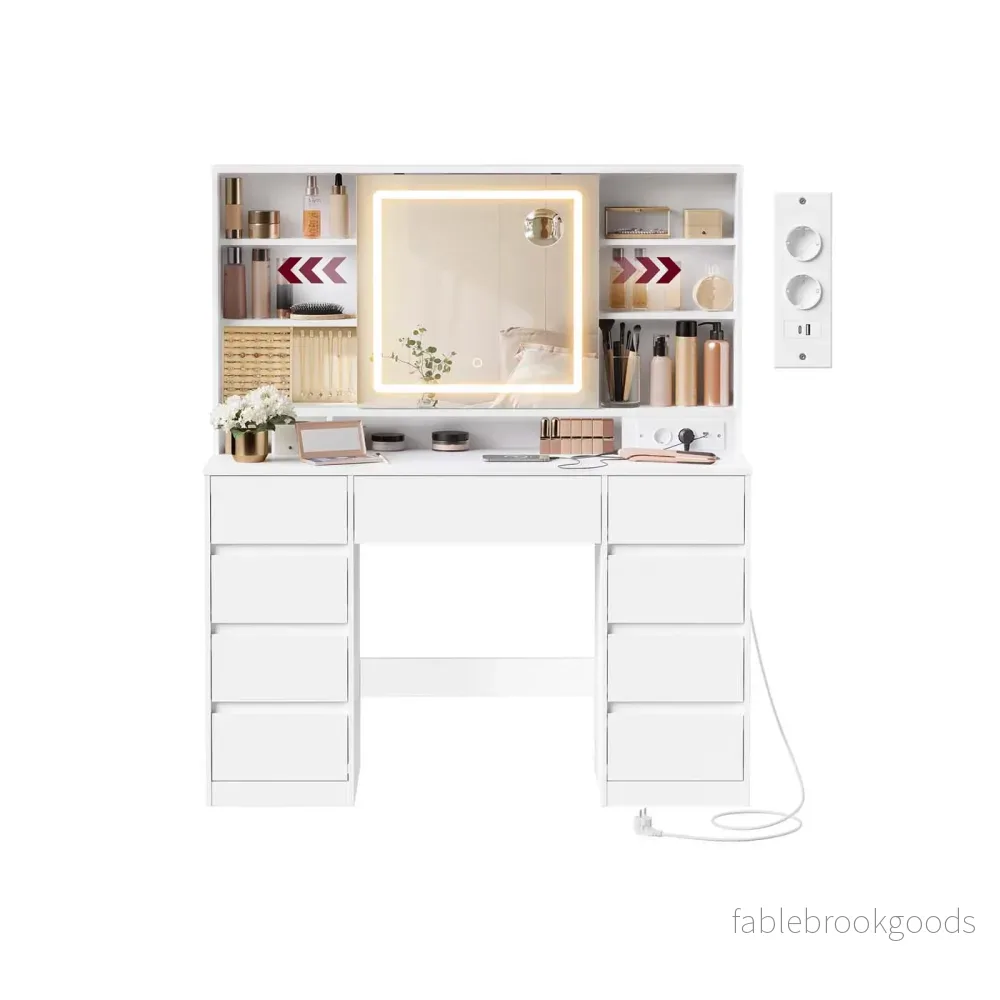 Sminkbord - Sminkbord - Spegel med LED-belysning - Eluttag - 9 lådor