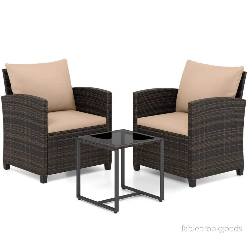 Rattan – Balkongset inkl. stolar med kuddar och glasbordUtomhus sittgrupp Balkongmöbler – 2 – Khaki
