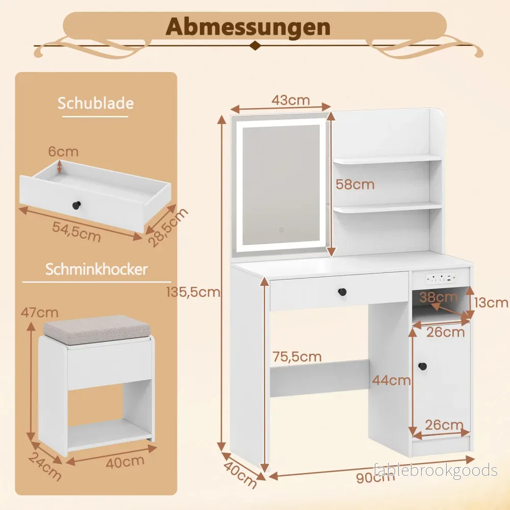 Sminkbord – med spegel och belysning pall Frisörbord Kosmetiktabell – Vit - Bild 2