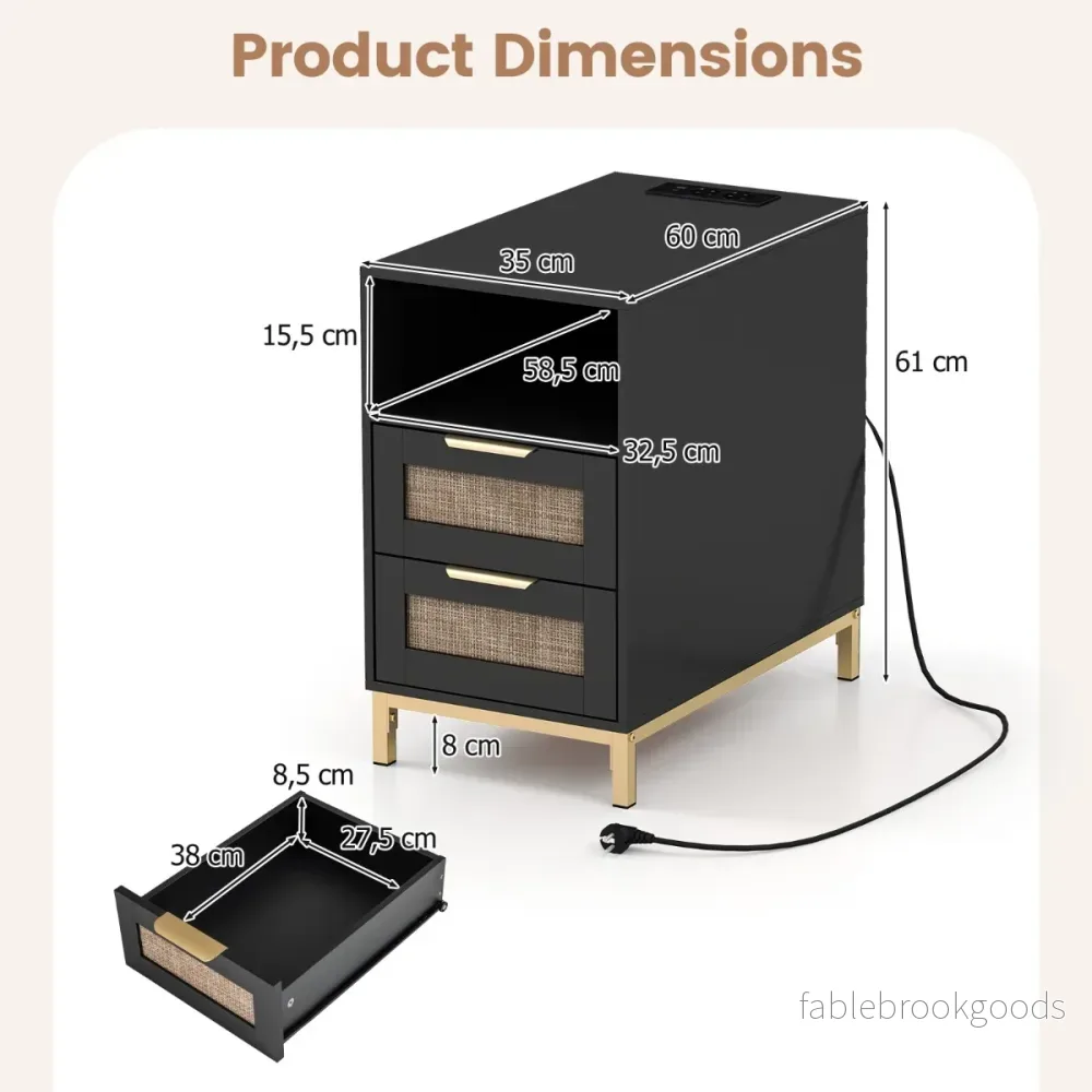 Sidobord – med laddstation och lådor, nattduksbord i rotting trä, soffbord, – 2 . – Svart - Bild 2