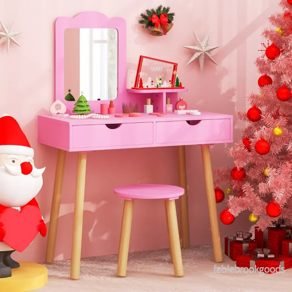Barn – Sminkbord Set i Frisörbord Skrivbord och Pall med avtagbar Spegel Hot Pink – 2 1 – Rosa - Bild 3