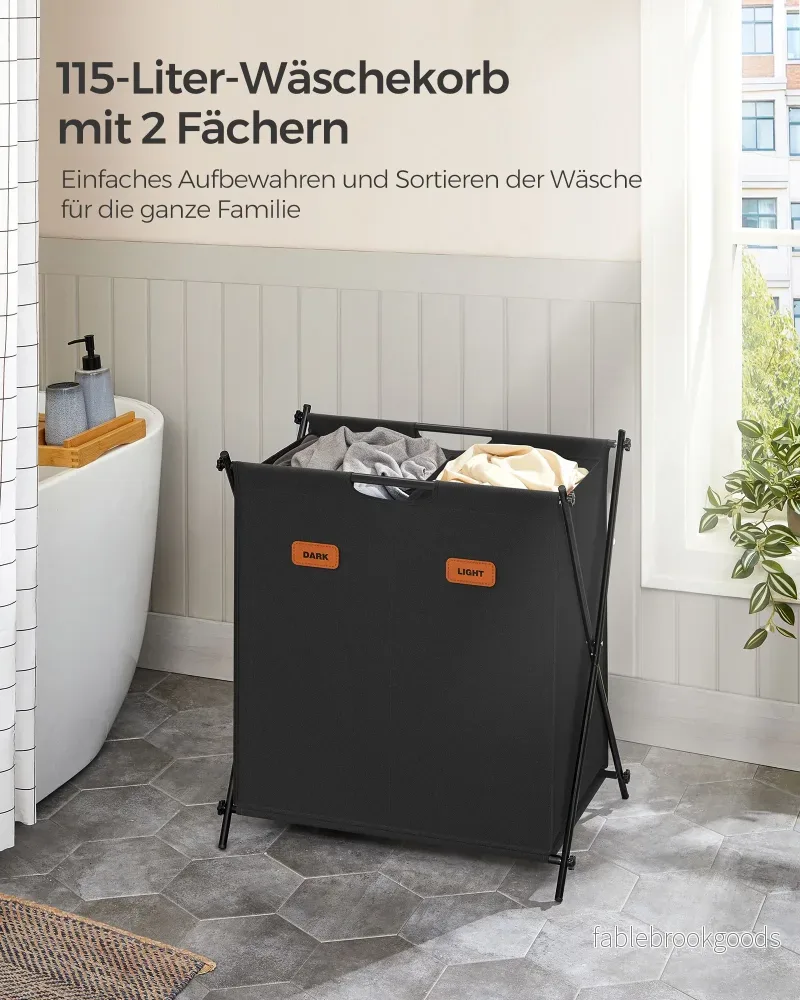 Tvättkorg 115 liter med 2 fack - Robust och rymlig - Bläcksvart - Bild 3