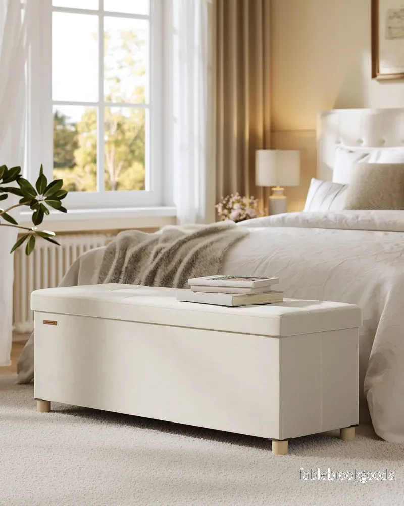Förvaringsbänk med lock – Rymligt förvaringsutrymme – Sammet – Beige - Bild 2