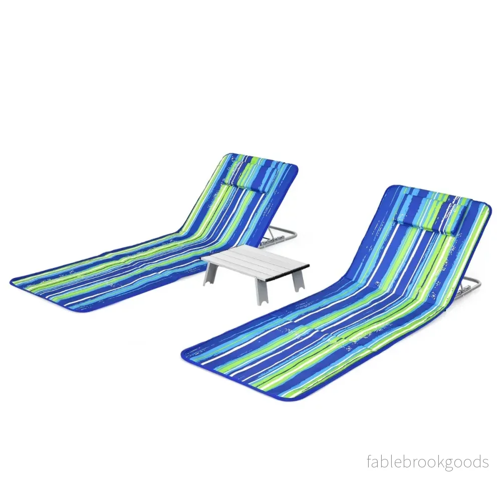 Strandmatta – med Sidobord Justerbar Solstolsset + – 2 x 151 x 55,5 x 27-47 – Blå och grön
