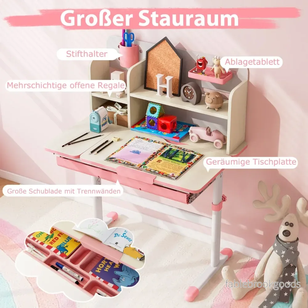 Höjdjusterbart – barnskrivbord med tippbar bordsskiva och hyllor lådor studiebord – Rosa - Bild 2