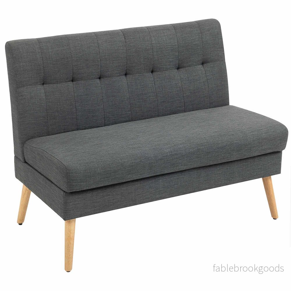 2-sitssoffa, tuftad rygg, träben, linne-look, grå