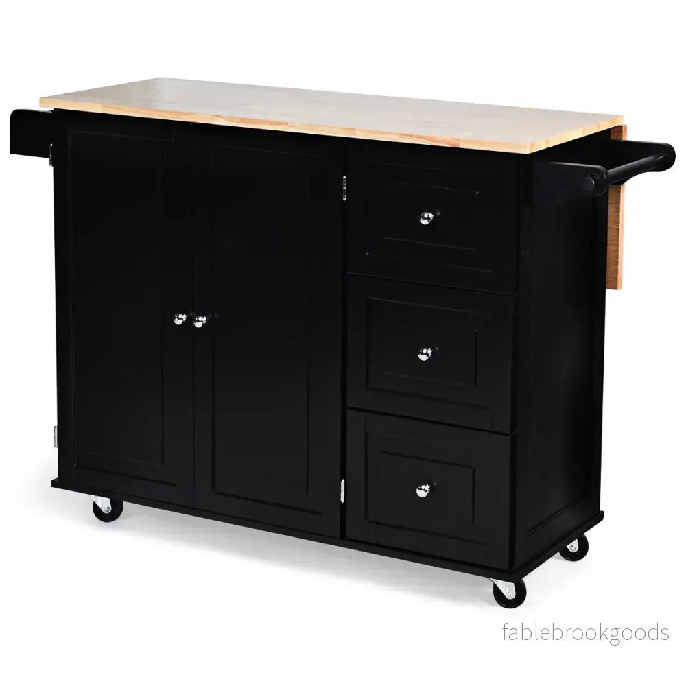 Rullbar – köksvagn med hopfällbar arbetsyta köksö – 136 x 76 x 91 cm – Svart