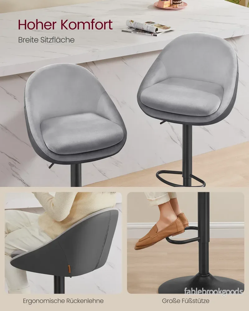 Barstol Set om 2 – Höjdjusterbar – Sammet – Dove Grey Ink Black - Bild 3