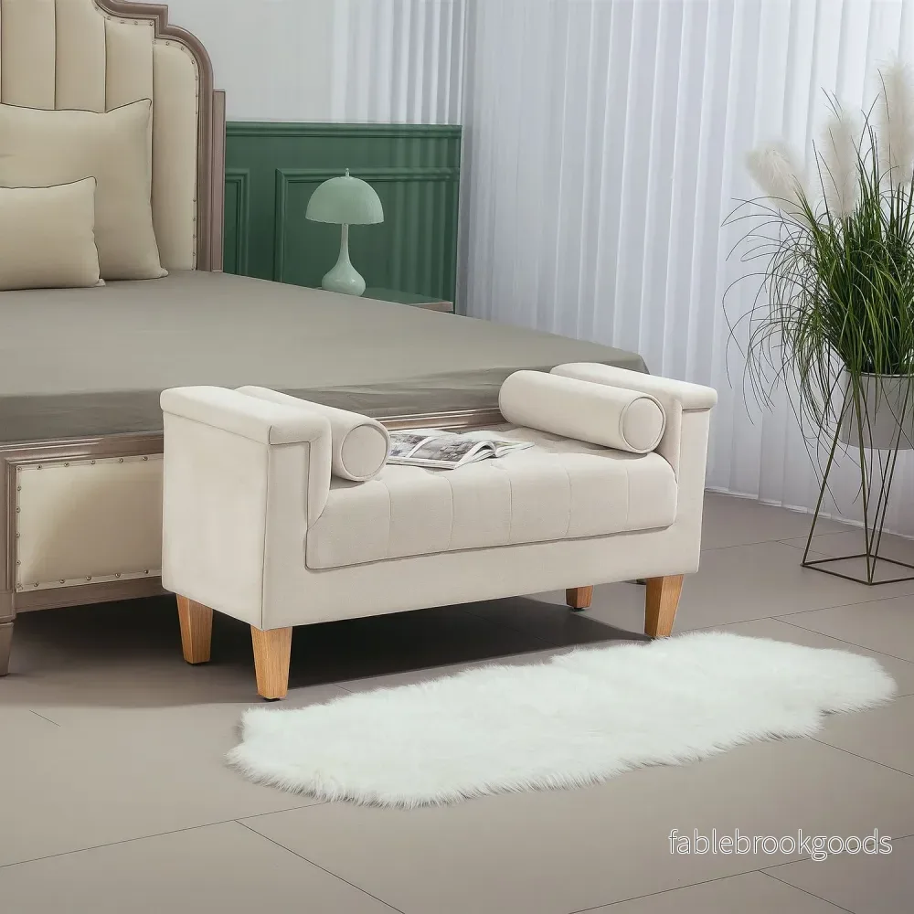Chenille klädd bänk med armstöd och kuddar, beige - Bild 2