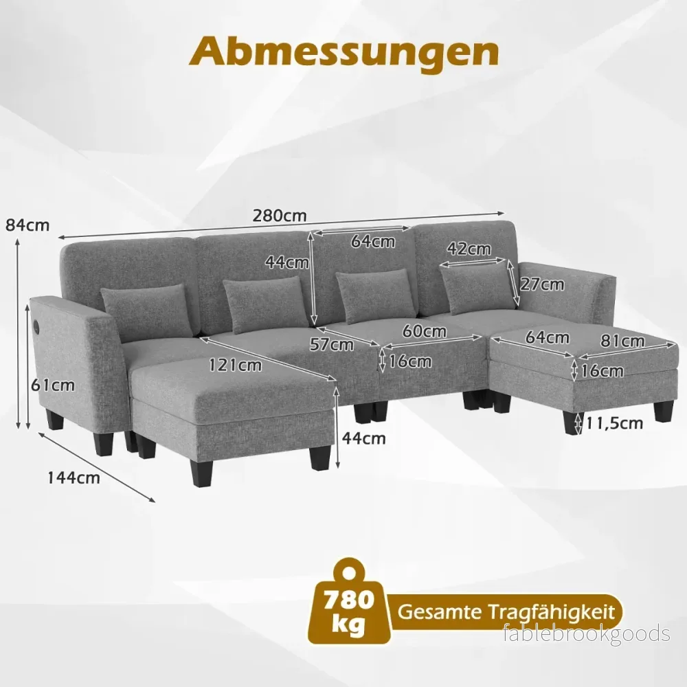 Hörnsoffa – med ottomaner U formad modulär USB och Type C laddningsportar sits soffgrupp – 2 4 280 cm – Grå - Bild 2