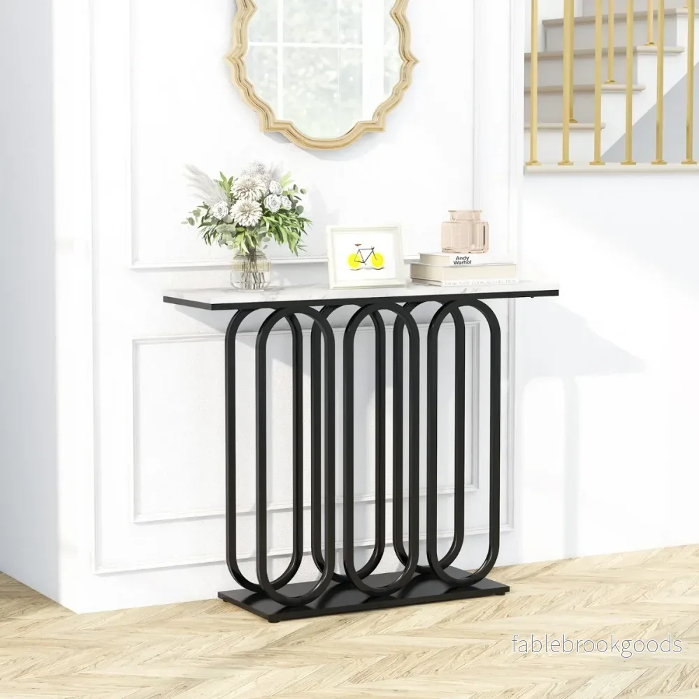 Konsolbord – tillverkat av konstgjord marmor med justerbara fotkuddar och metallram tippskydd – 100 cm – Svart - Bild 2