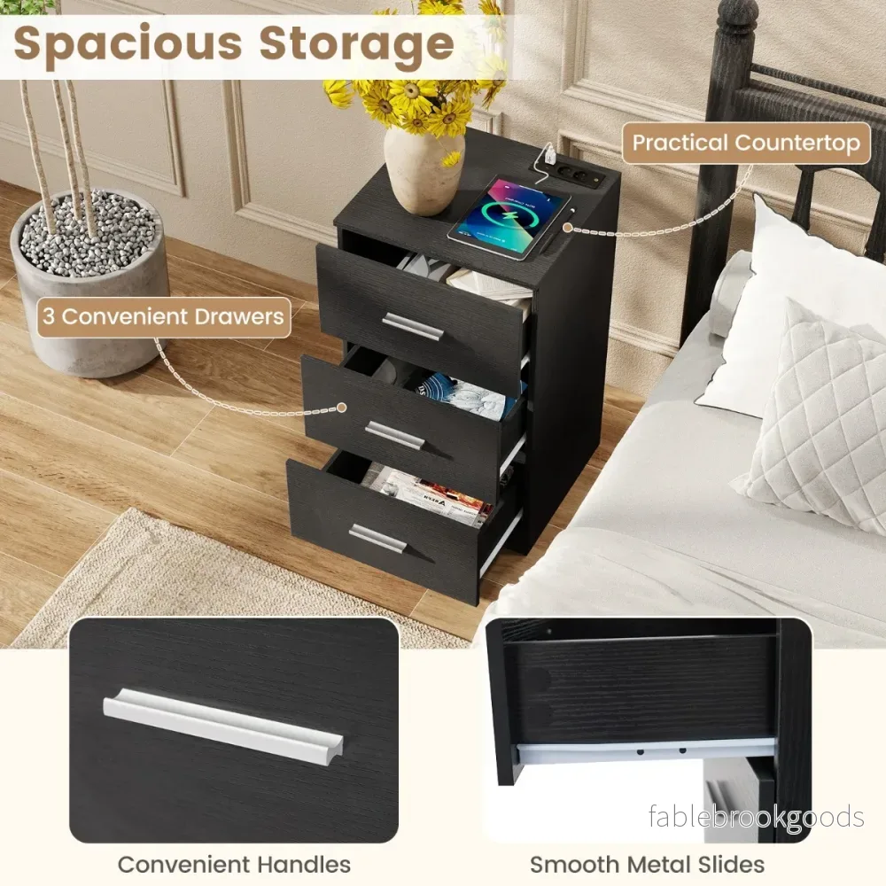 Sängbord – med laddstation modern nattduksbord förvaringslådor – 3 38 x 35 x 66 cm – Svart - Bild 3
