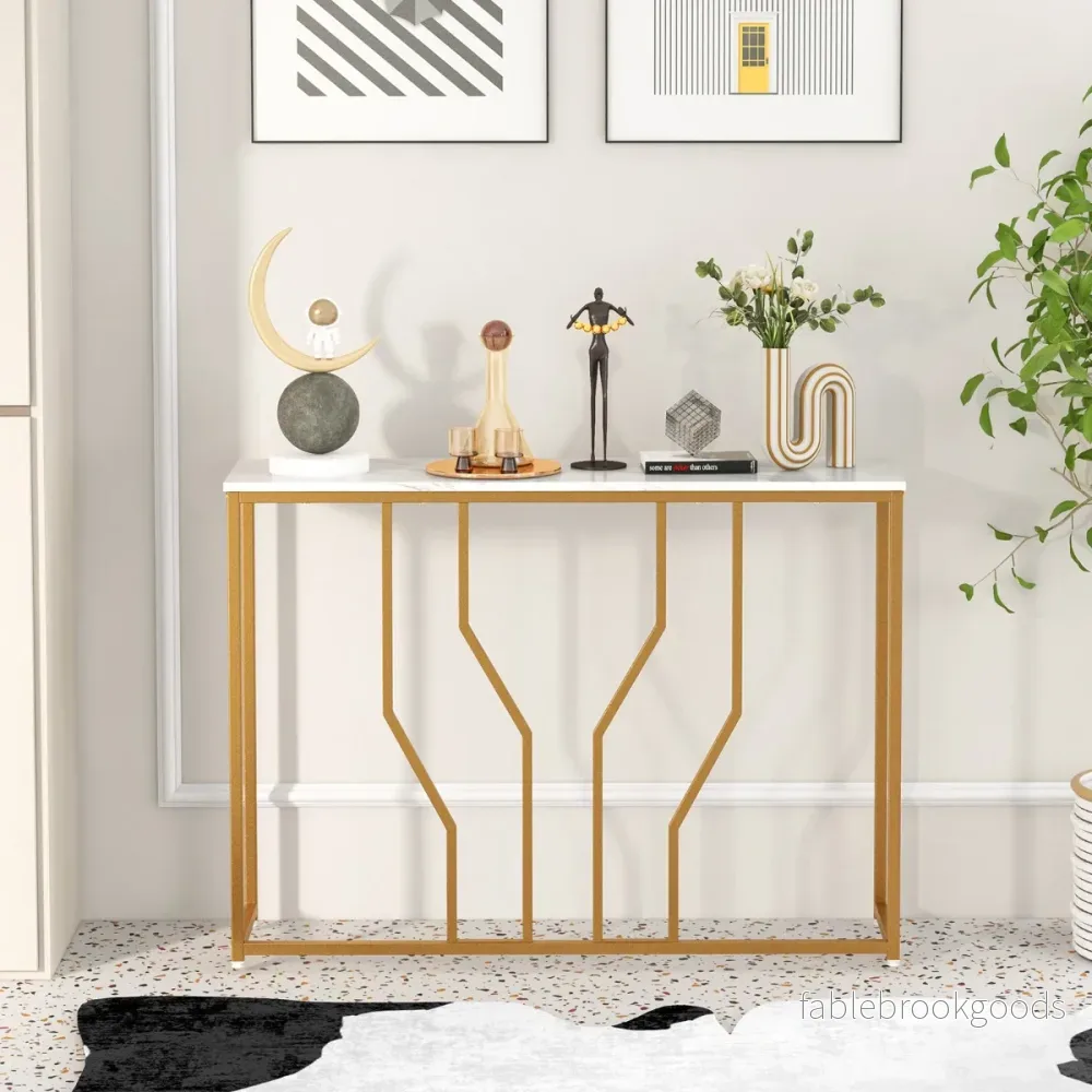 Konsolbord – med geometrisk metallram Ingångsbord + – 110 x 30 x 80 cm – Guld - Bild 2