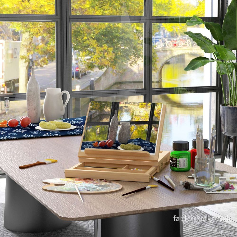 Justerbart staffli i bokträ med låda – hopfällbart studioställ - Bild 2