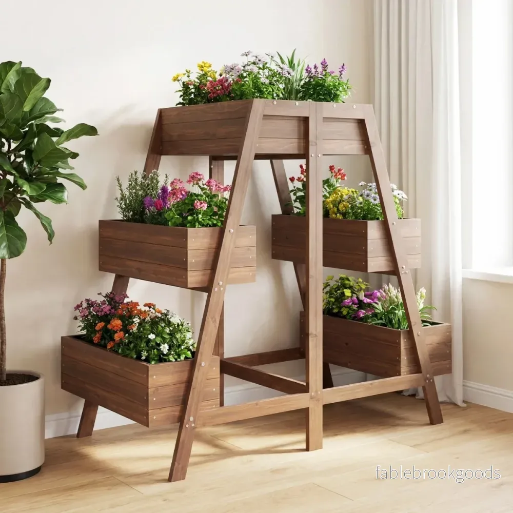 Flerstegs – upphöjd rabatt Trä med ribbotten design och planteringslådor – 6 126 x 90 x 115 cm – Natur - Bild 2
