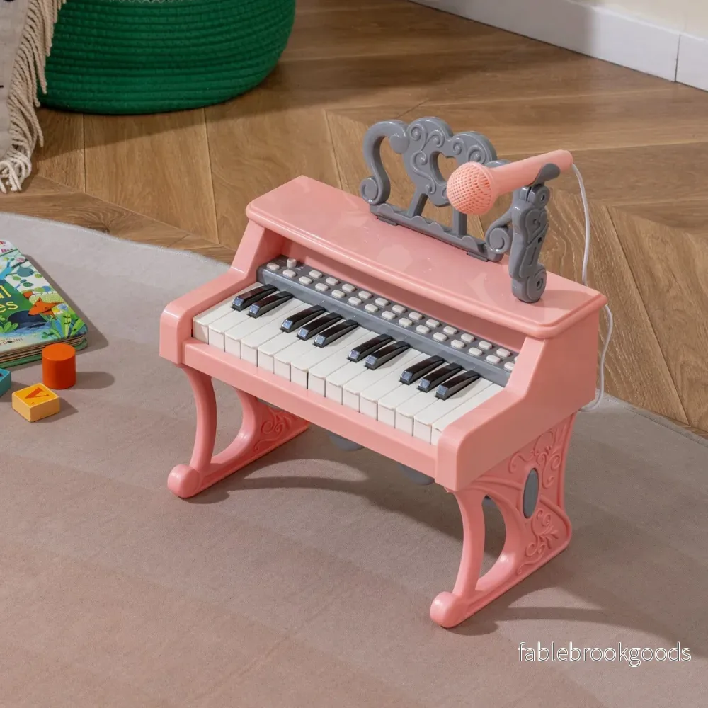 Mini – tangentbord med och notställ mikrofon barnpiano elektriskt – 25 – Rosa - Bild 3