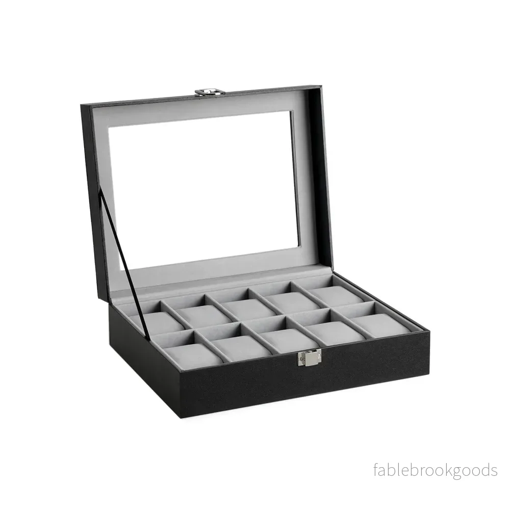 Watchbox – 10 fack – glaslock – svart/grått