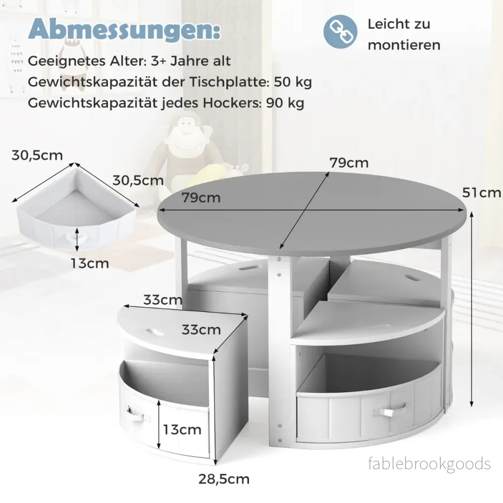 Barnbord – med stolar rund delad barnmöbelgrupp i trä förvaringspallar – 4 5 4 – Grå - Bild 2