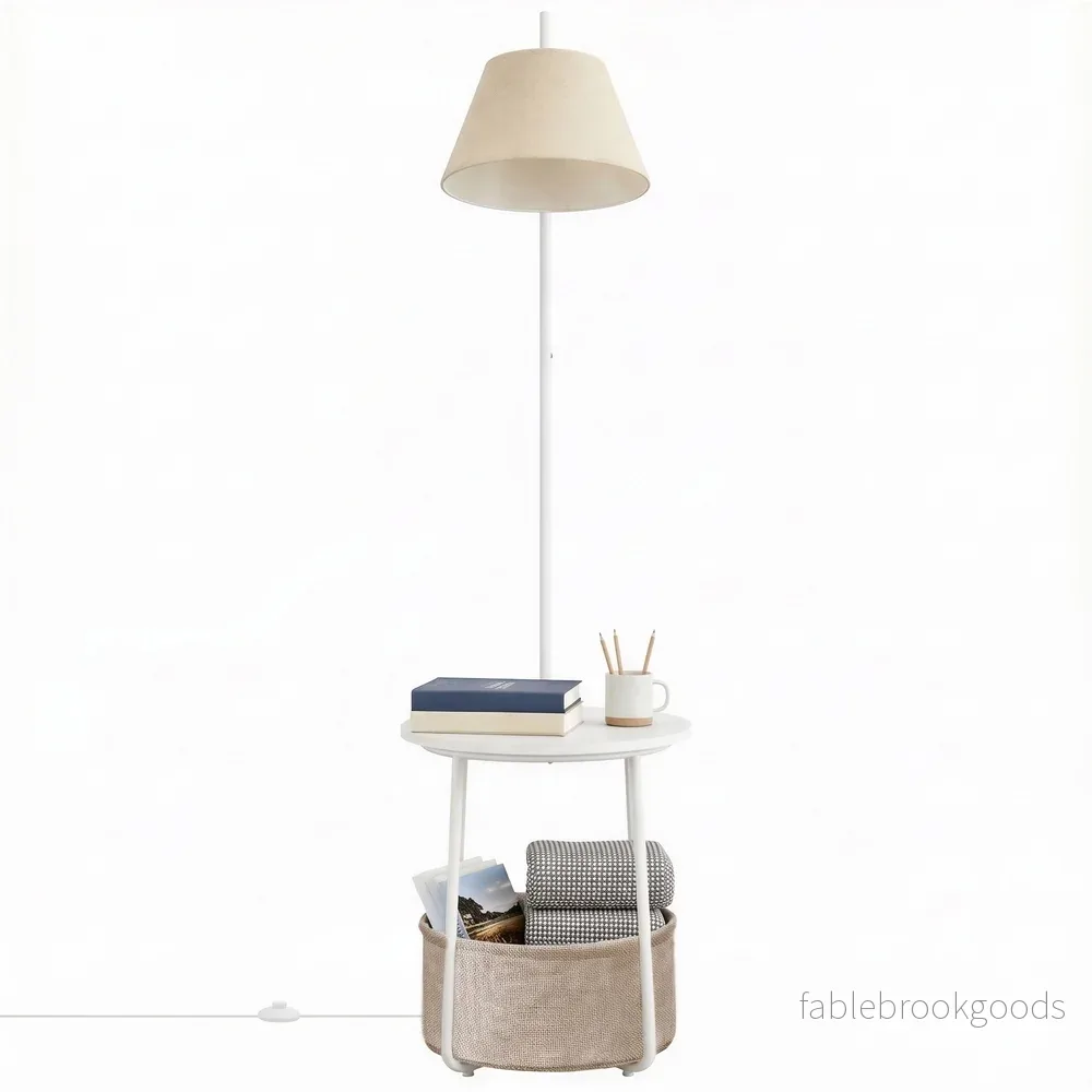 Nachtkastje met Staande Lamp - 3-in-1 met Ablage en Stoffen Mand - Wit - 45 cm - Bild 2
