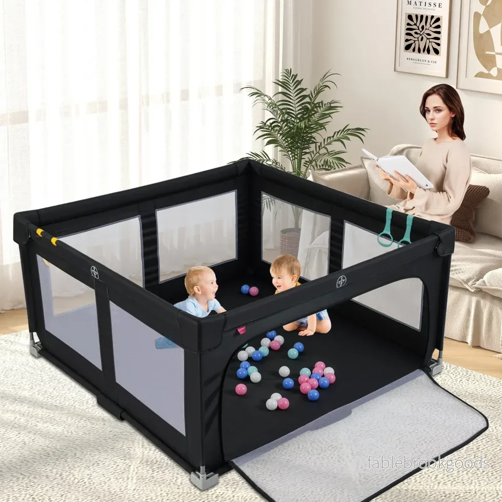 Leksaksgård – för baby, hopfällbar lekgård med bollar, handtag och dragkedjedörr – 50 4 150 x 150 cm – Svart - Bild 3