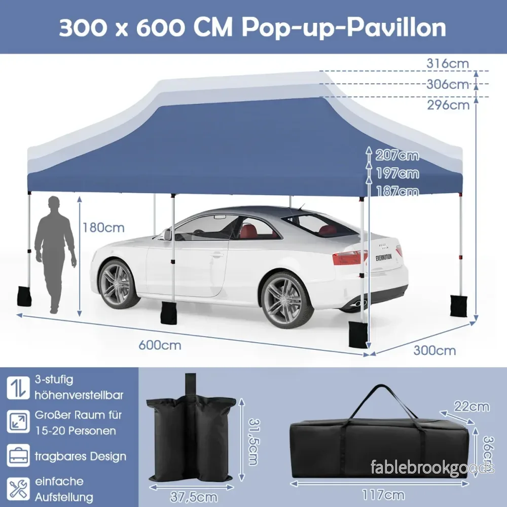 Stort – pop up tält med vikbar konstruktion och bärväska – 300 x 600 cm – Blå - Bild 2