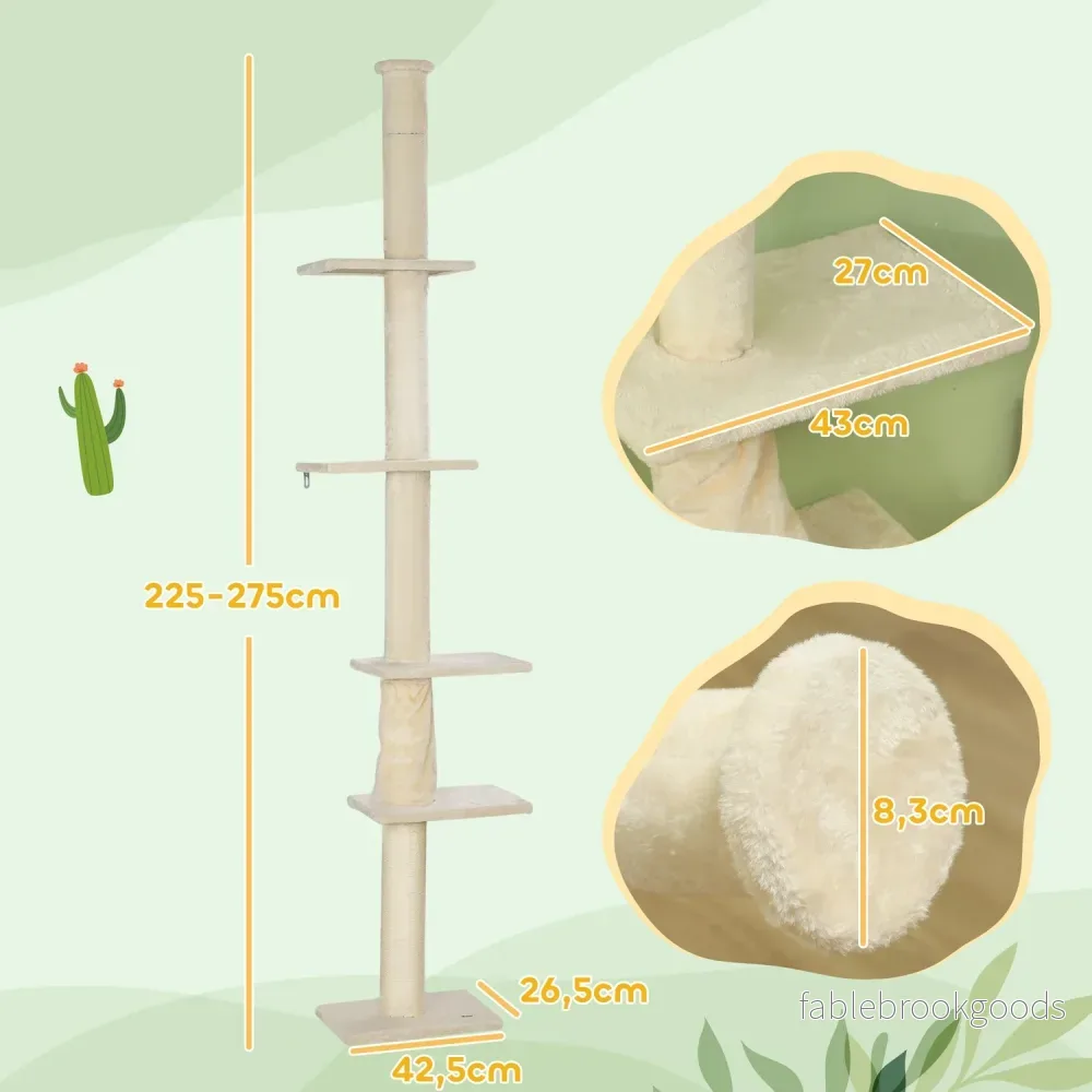 Kattträd med högt i tak med plattformar, 225-275 cm, kräm - Bild 3