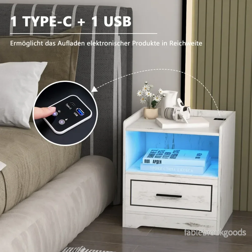Set – med sängbord LED ljus, USB port och typ C laddstation, nattduksbord rörelsesensor – 2 – Vit - Bild 2