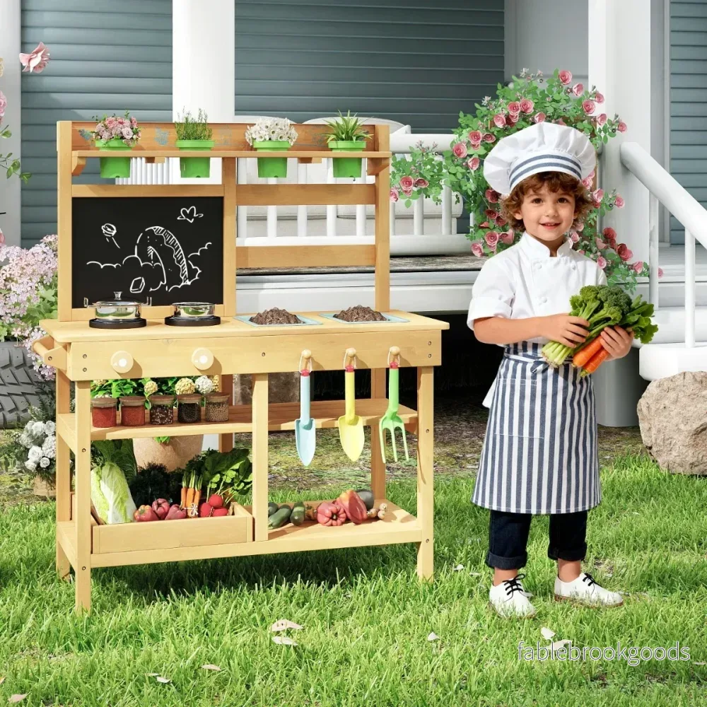 Barnkök – med bord, vattenkran, diskho och blomkrukor Träkök för – Natur - Bild 3