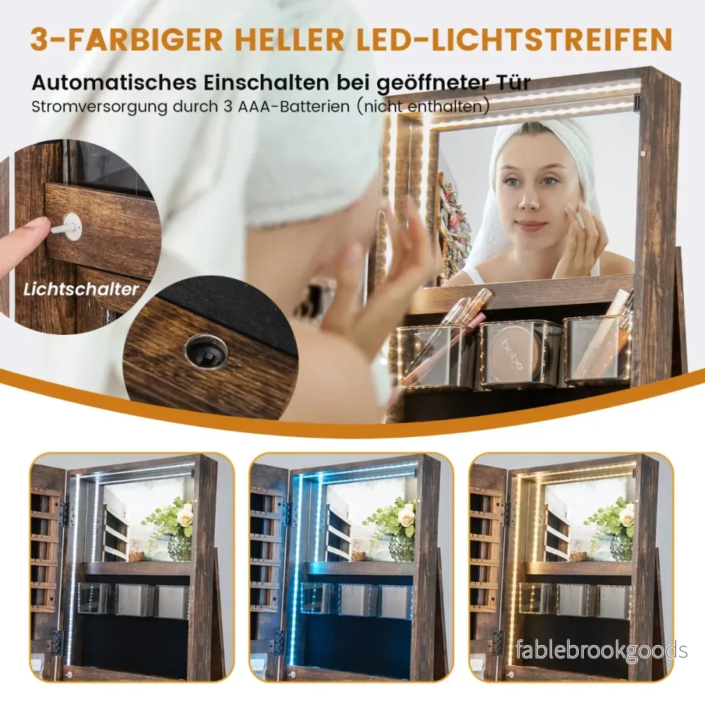 360° – roterande smyckesskåp med trefärgade LED lampor Fristående spegelskåp – Rustik brun - Bild 3