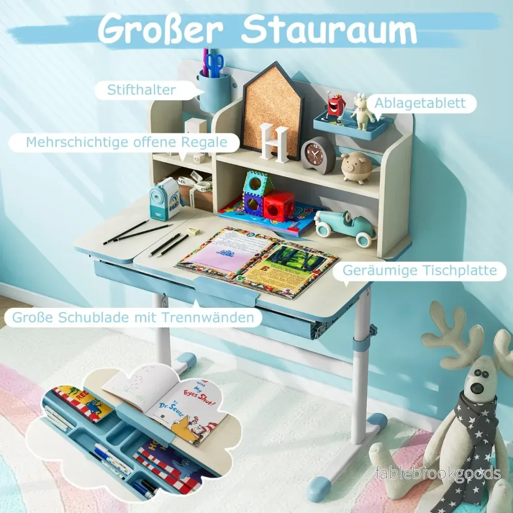 Höjdjusterbart – barnskrivbord med fällbar bordsskiva och hyllor låda studiebord – Blå - Bild 3