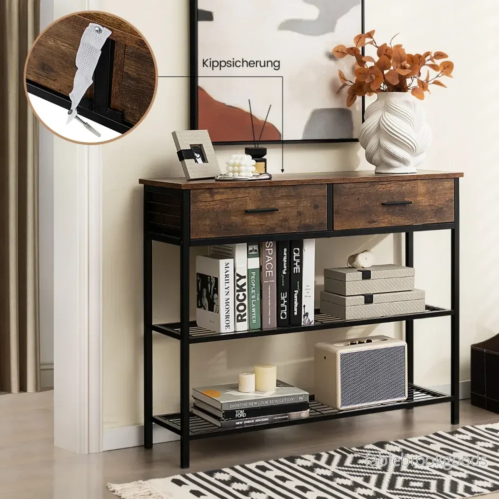 Konsolbord – med lådor våningar Hallbord av trä Sidobord metallram – 2 3 100 cm – Rustik brun - Bild 2