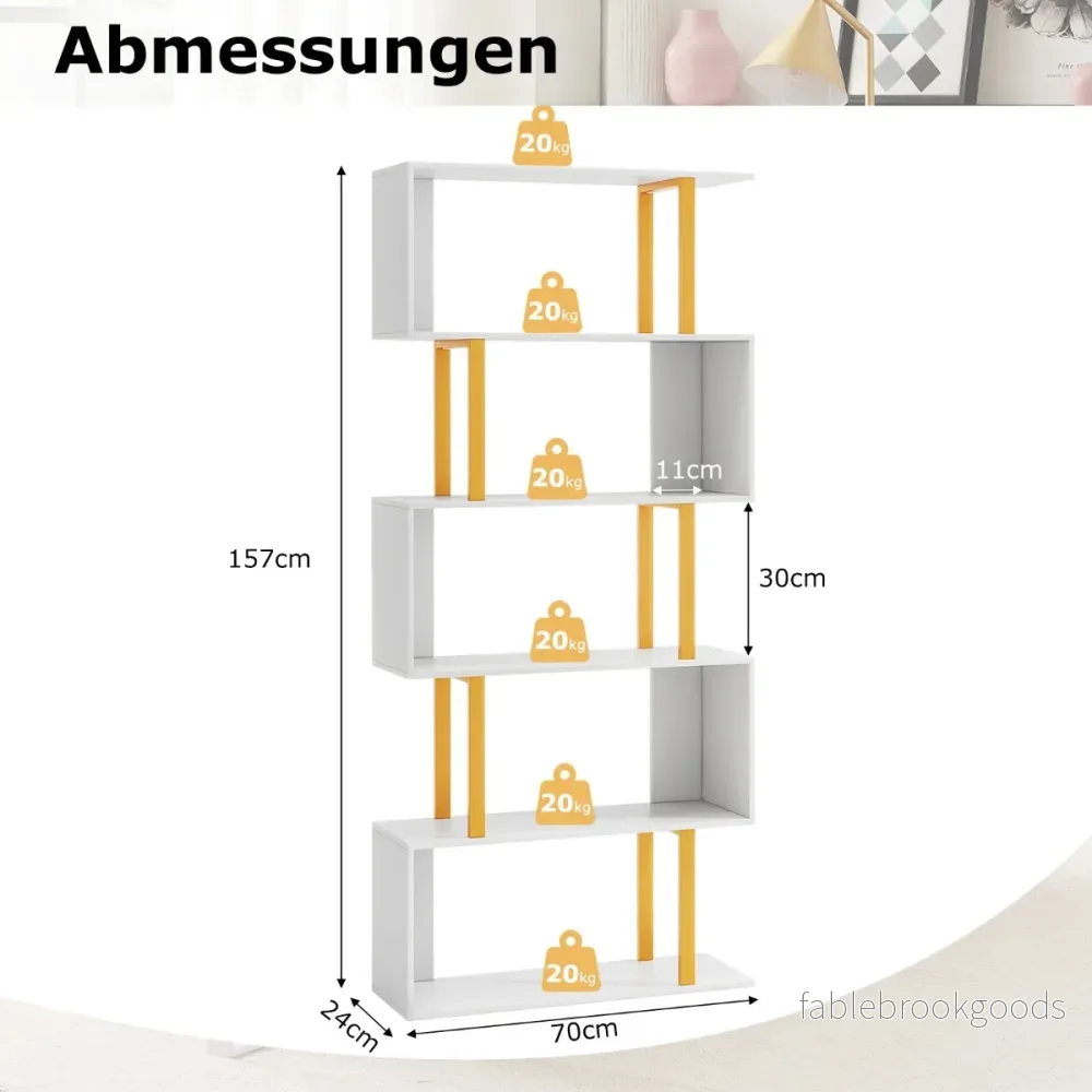 Bokhylla – stående med nivåer S formad kontorshylla – 5 70 x 24 x 157 cm – Vit - Bild 2
