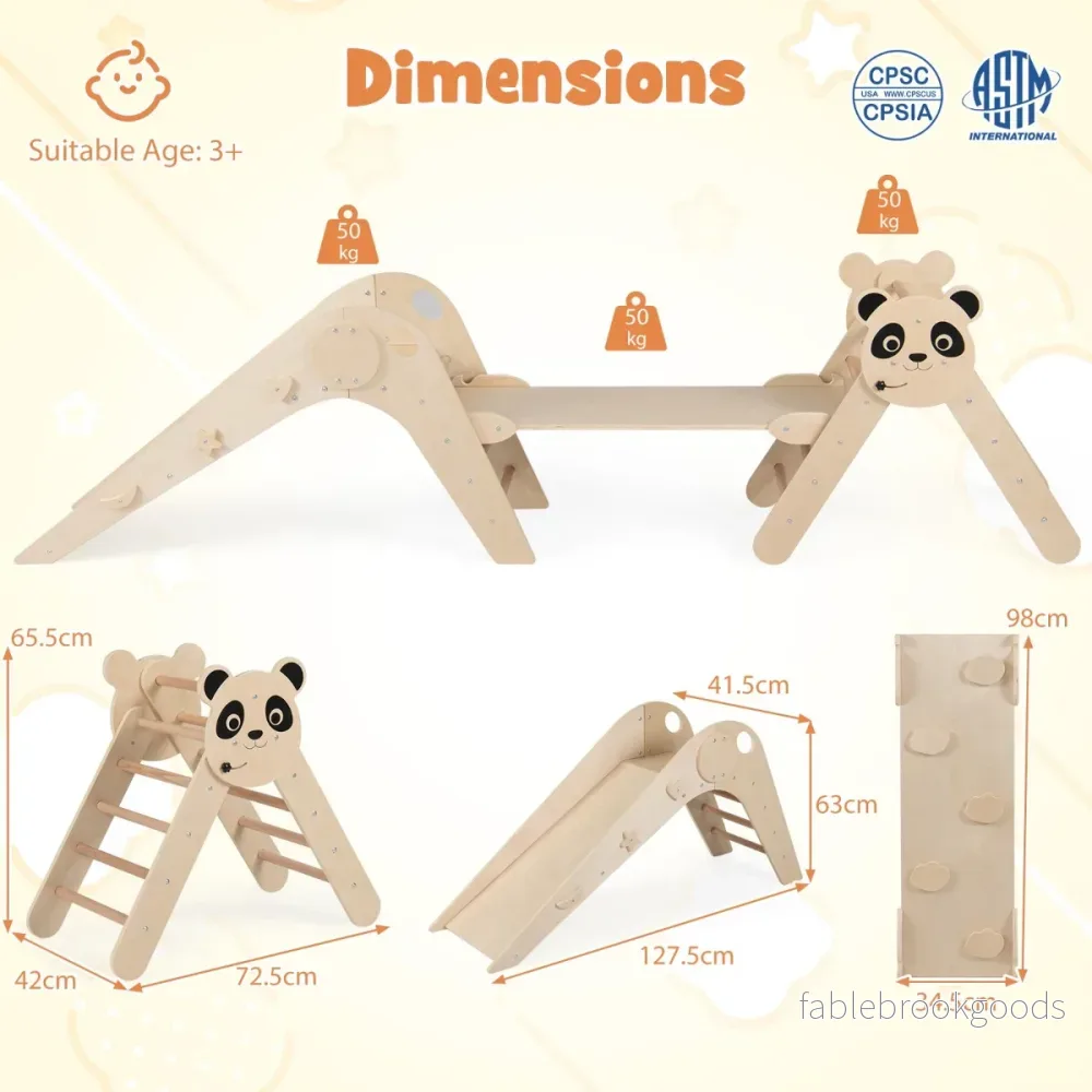 Klättertriangel – set hopfällbart Montessori klätterset i trä med pandamotiv – Natur - Bild 2