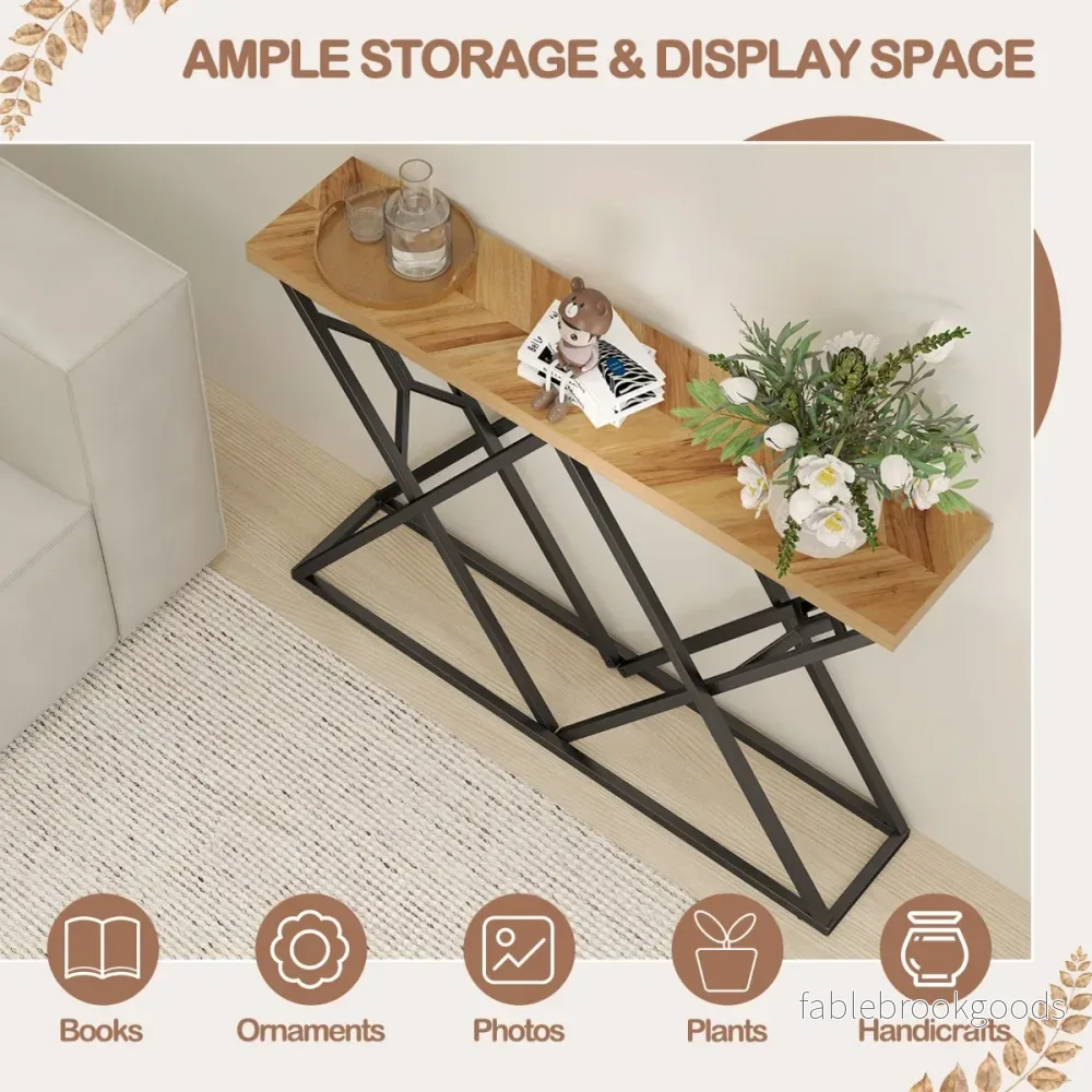 Konsollbord – Lantgårds hallbord med geometrisk Metallbasis industriell accentbord Träfärg – 140 cm – Trä - Bild 3
