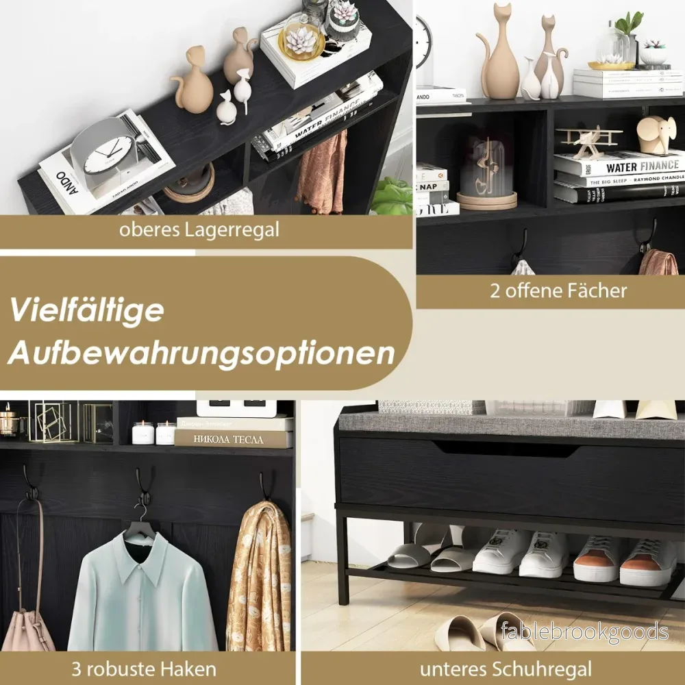 i – garderob med bänk och skoskåp krokar klädhängare – 4 1 3 – Svart - Bild 2