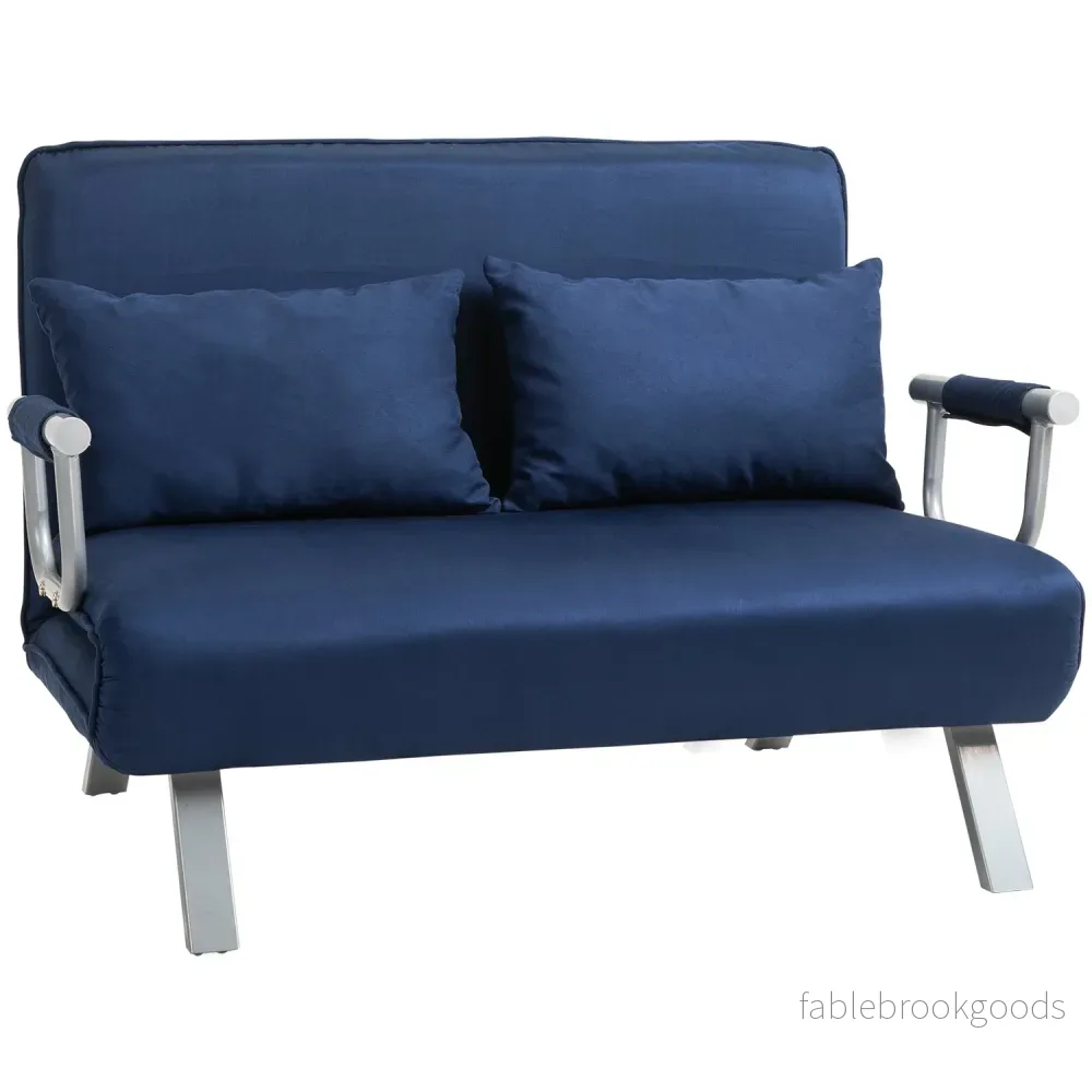 2-sits bäddsoffa i sammetslook, blå klädsel, justerbar rygg 2-sits bäddsoffa i sammetslook, blå klädsel, justerbar rygg