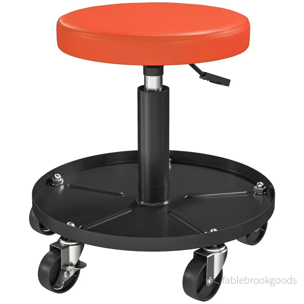 Verkstadspall med hjul, höjdjusterbar från 38-50cm, lastkapacitet upp till 135 kg, Orange