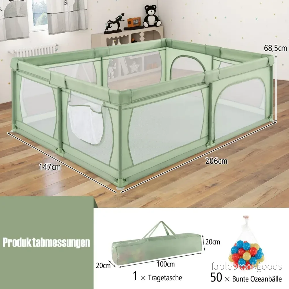 Löpgaller – Baby Löppall Med Bollarna och Dörrar Andningsaktivt Nät Löpgallstält – 50 2 205 x 147 Cm – Grön - Bild 2