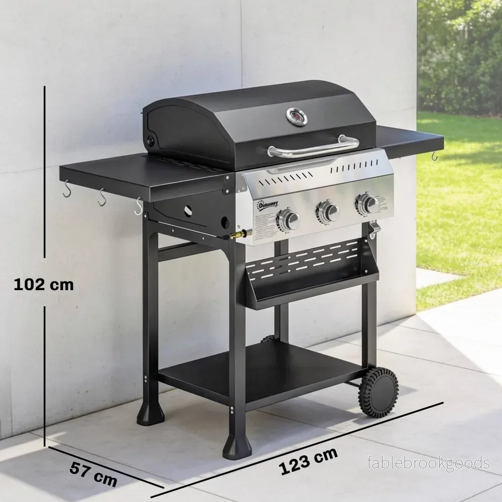 Gasgrill 9kW, 3 brännare, rostfritt stål, fällbara hyllor - Bild 3