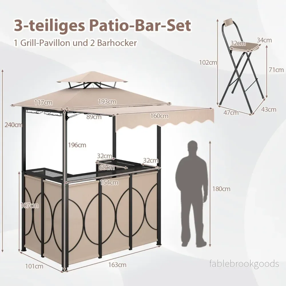 Väderbeständig – grillpaviljong med bar och barstolar, trädgårdspaviljong dubbelt tak markis – 2 – Brun - Bild 2
