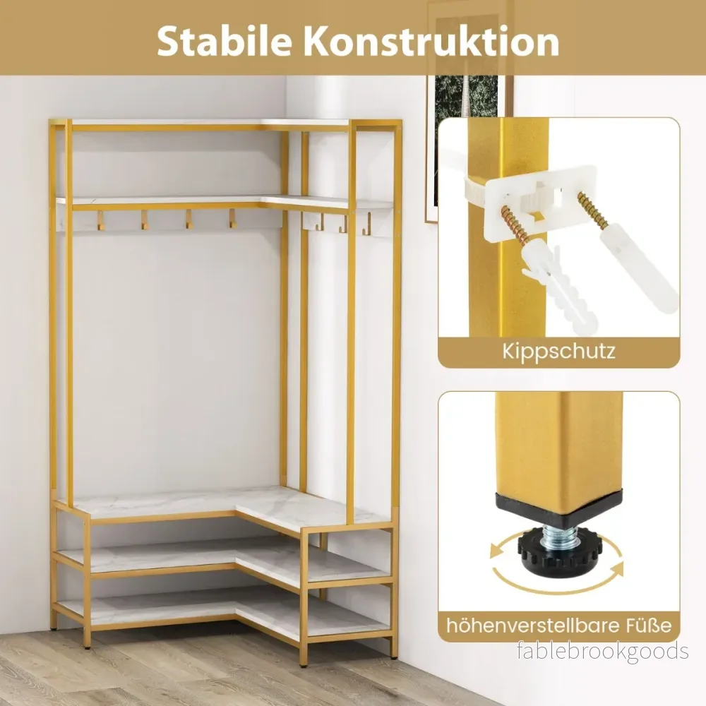 Hörnklädhängare – med bänk L formad öppna hyllor – 90 x 90 x 178 cm – Vit - Bild 3