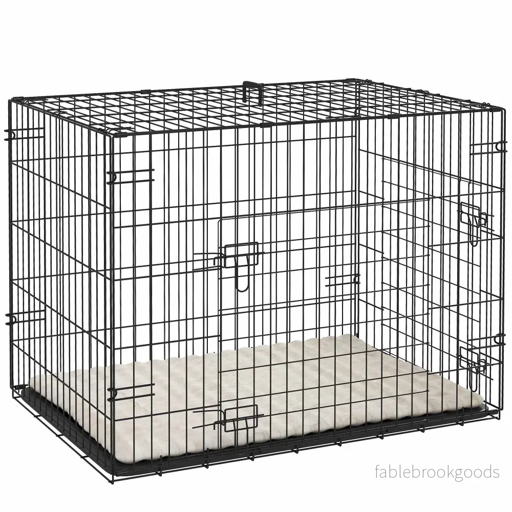 Hopfällbar hundbur med 2 dörrar, bricka, kudde, svart