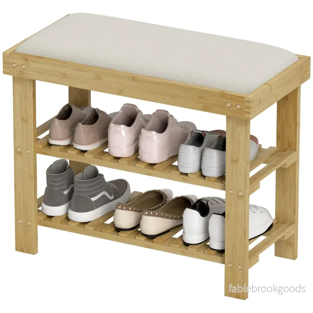 Bambu Skobänk med förvaring, Gräddvit, 60x29x49 cm
