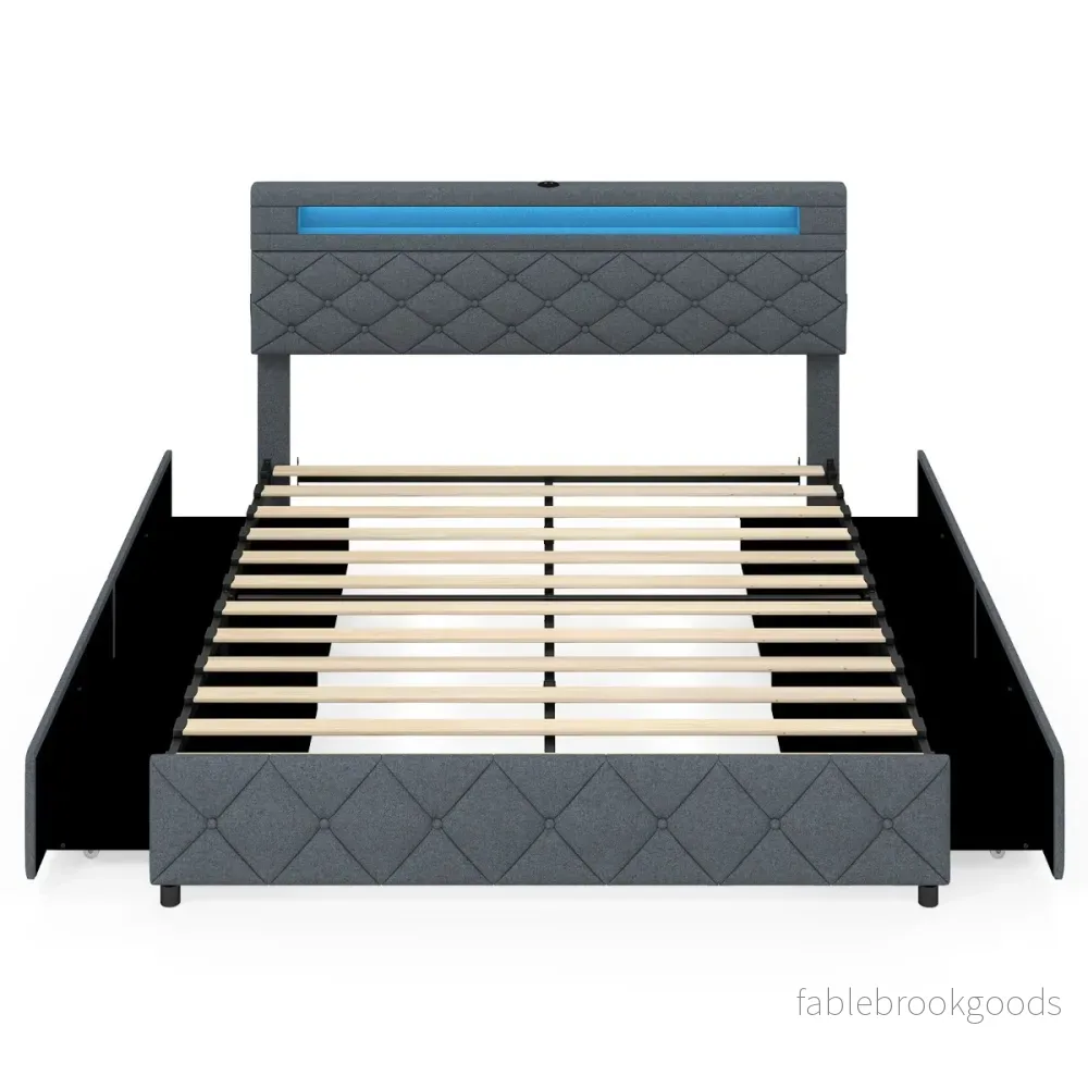 Stoppad – säng med LED belysning, laddstation (2 USB uttag), lådor, grått. – 160 x 200 cm – Grå